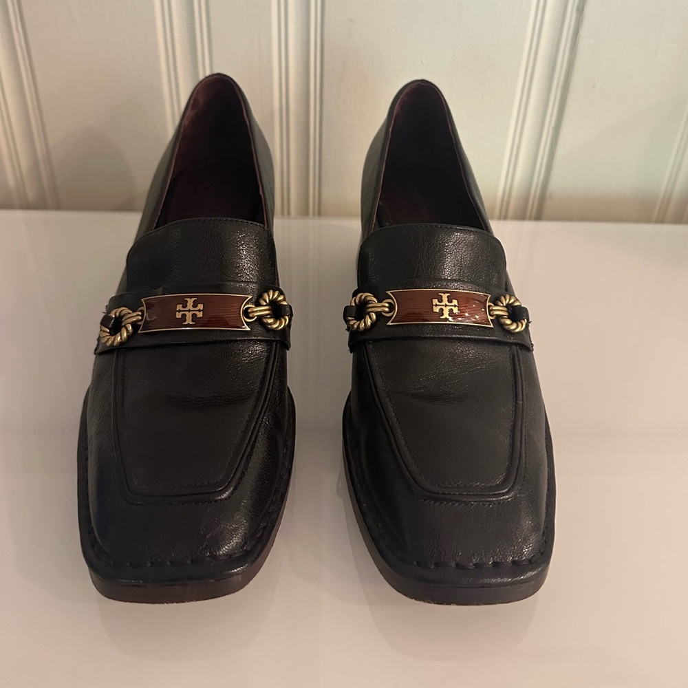 Tory Burch Black Leather Loafers with Gold Accent